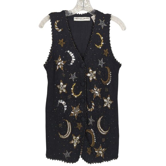 Michael Simon Beaded Y2K Vest Women’s Sweater Sz S Celestial Stars Moon Sequin - Picture 2 of 16